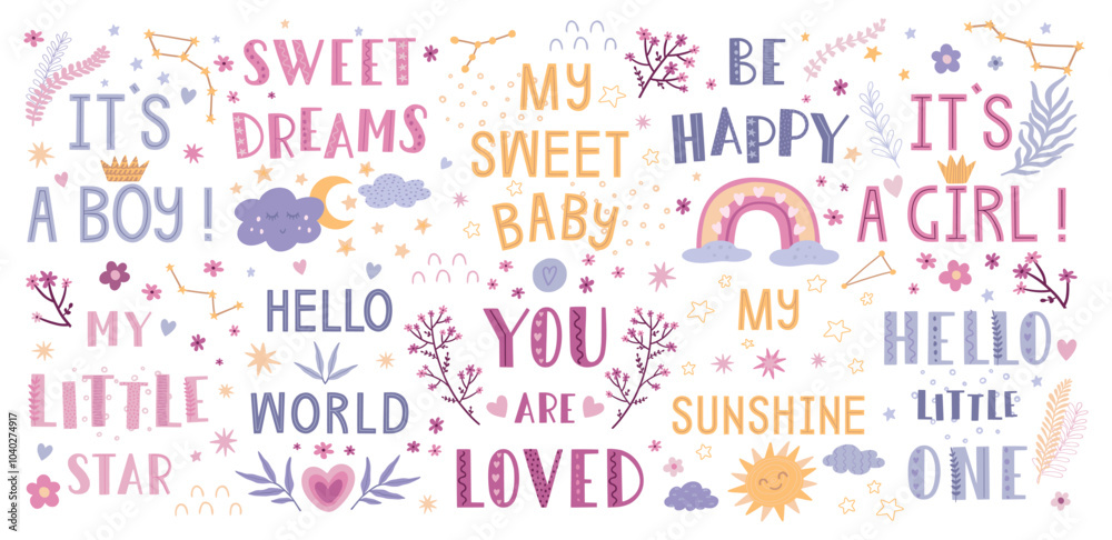 Baby text. Little hello boy floral boho design, abstract sweet vintage wallpaper art or girl love poster. Decorative cute elements for nursery. Vector design, cartoon flat isolated illustration Baby text. Little hello boy floral boho design, abstract sweet vintage wallpaper art or girl love poster. Decorative cute elements for nursery. Vector design, cartoon flat isolated illustration