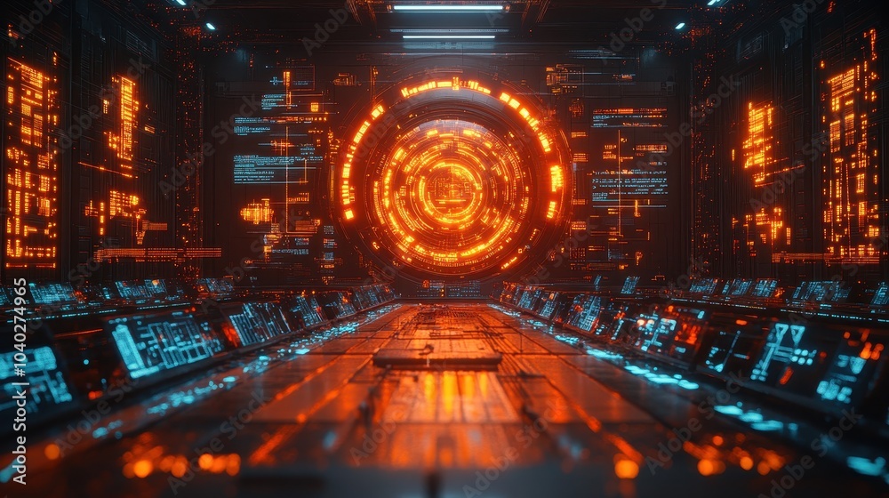 Obraz premium Futuristic data hub with neon technology interface