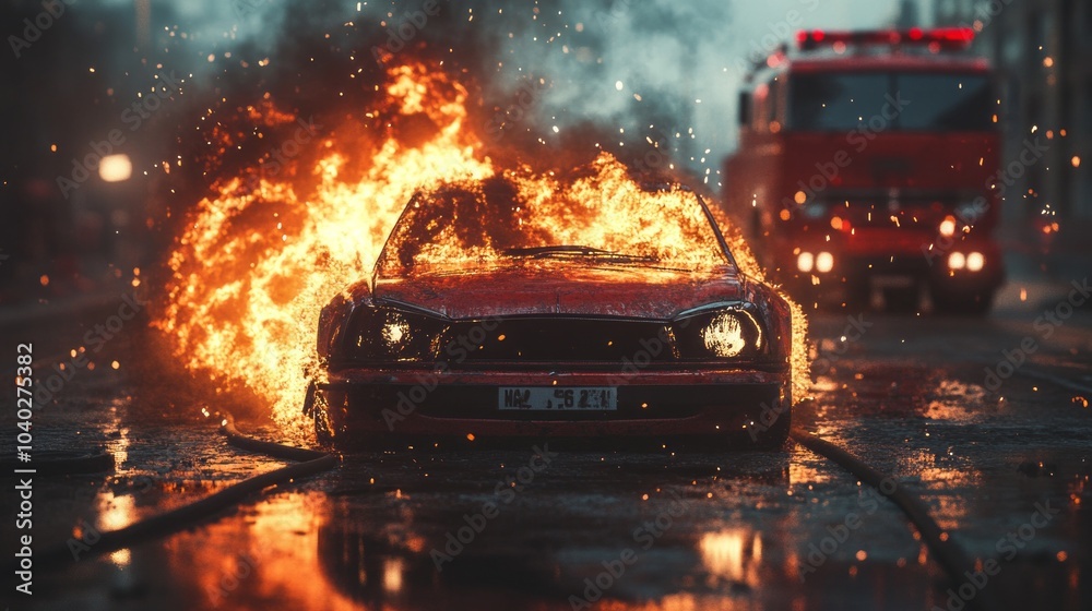 A red car is on fire and is surrounded by water A red car is on fire and is surrounded by water