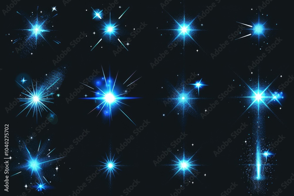 A set of bright blue stars shining against a dark backdrop, perfect for use in sci-fi or futuristic designs