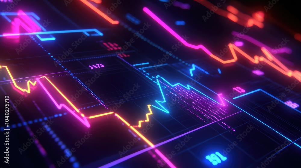 Abstract depiction of financial graphs and charts in neon colors Abstract depiction of financial graphs and charts in neon colors
