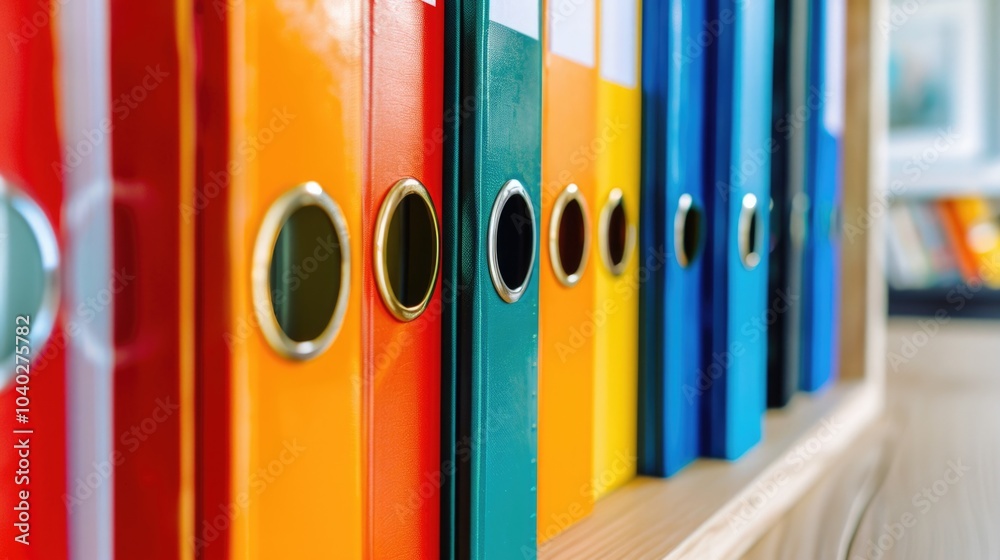 Fototapeta premium A collection of bright binders lined up on a shelf, perfect for organizing and storing documents