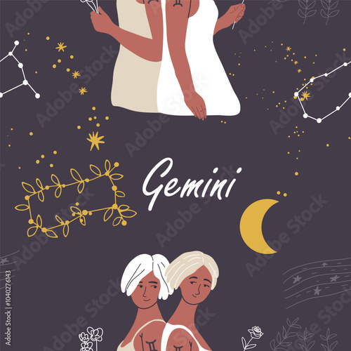 Seamless pattern zodiac sign Gemini. Modern stylish female character, avatar of astrological horoscope. Blooming constellation ,twig, branch. Flat hand drawn graphic vector illustration.