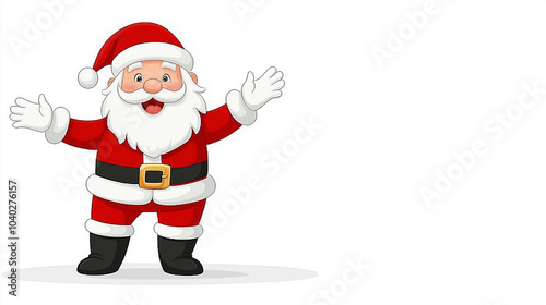 Friendly cartoon Santa Claus joyfully spreading arms with a big smile on a clean white background