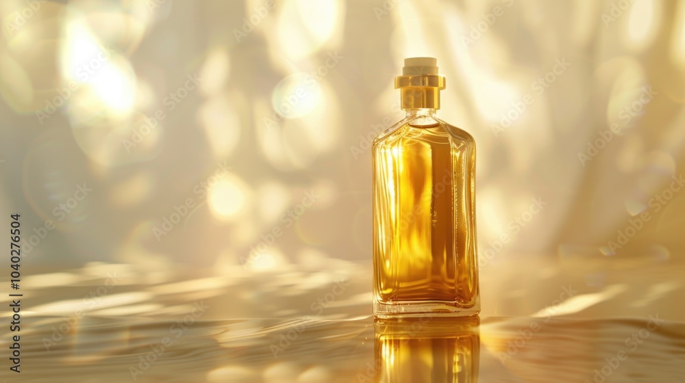 A perfume bottle sits atop a table, awaiting use or display A perfume bottle sits atop a table, awaiting use or display