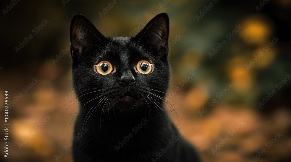 A close-up shot of a black cat's face with bright yellow eyes A close-up shot of a black cat's face with bright yellow eyes