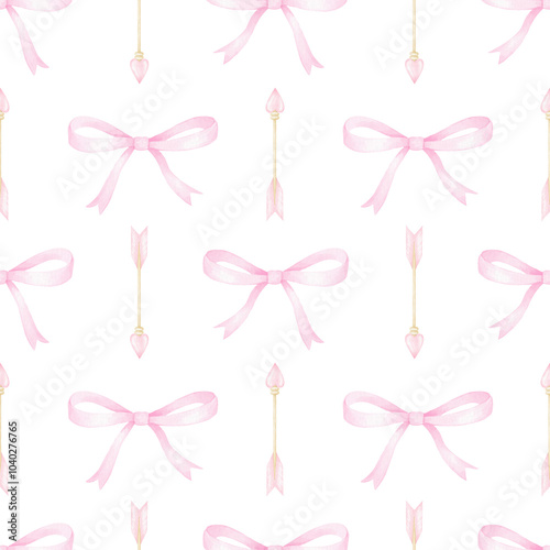 pink bows and arrows. Watercolor seamless pattern on white background in pastel colors for textile and wrapping paper. Cute illustration for Valentine's Day