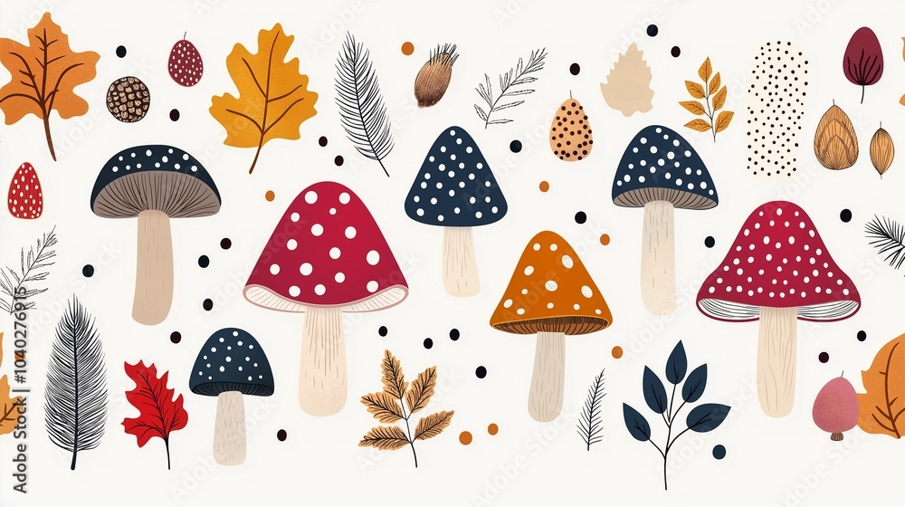 Various mushrooms and autumn leaves in different colors and styles, set against a white backdrop. Autumn season background. Various mushrooms and autumn leaves in different colors and styles, set against a white backdrop. Autumn season background.