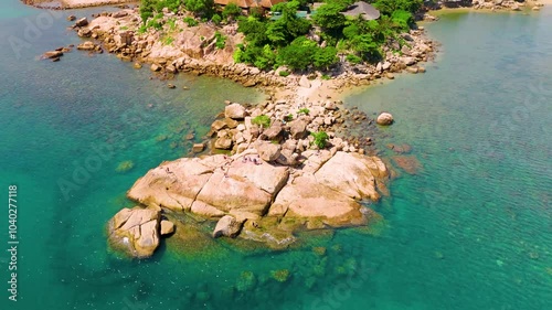 Beach Beautiful Hon Chong rock cape observatory country overlooking aerial view city jungle tropical highlands and mountains on the coast Southeast Asia in the day Nha Trang Vietnam. photo