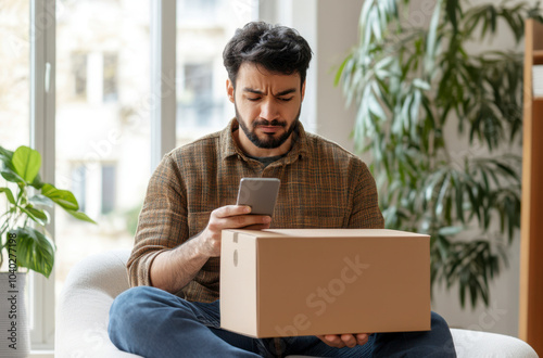 Upset Indian Man Opening Post Parcel photo