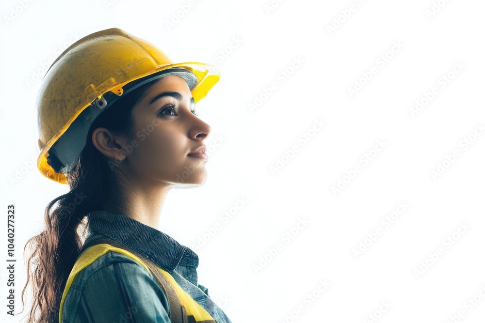 A woman wearing a hard hat looking up, possibly inspecting or observing something A woman wearing a hard hat looking up, possibly inspecting or observing something