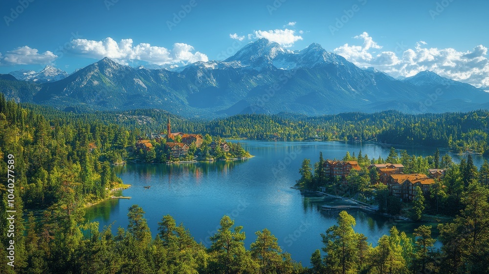 Naklejka premium beautiful view with mountains, lakes and forests as the background