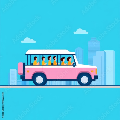 A colorful bus with passengers traveling through a cityscape.