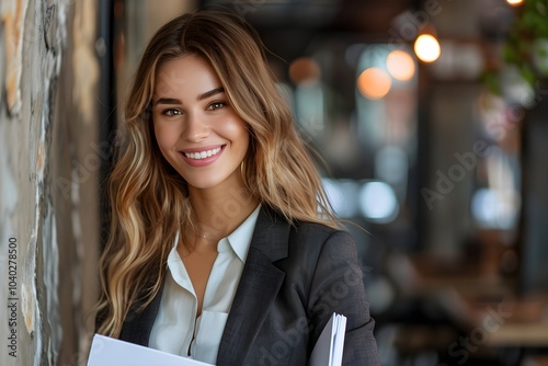 A woman in a business suit holding a folder