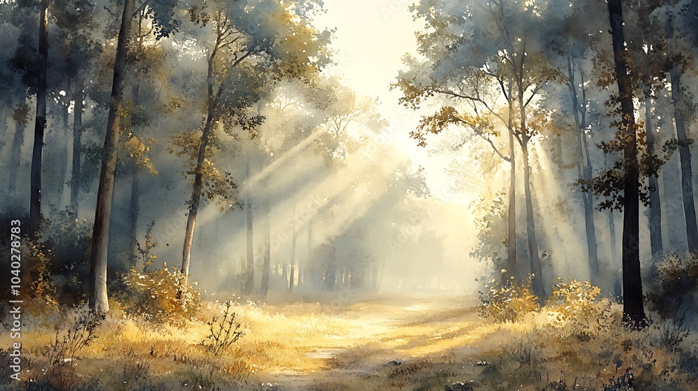 Obraz premium Serene Watercolor Landscape of Forest with Sunlight