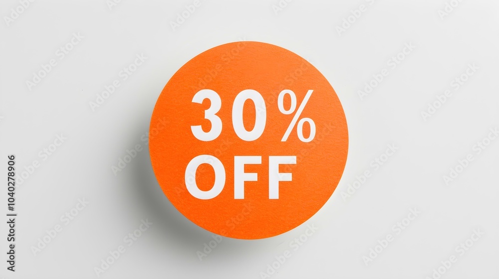 White '30% OFF' Text on a Orange Round Paper Note. White Background with Copy Space White '30% OFF' Text on a Orange Round Paper Note. White Background with Copy Space