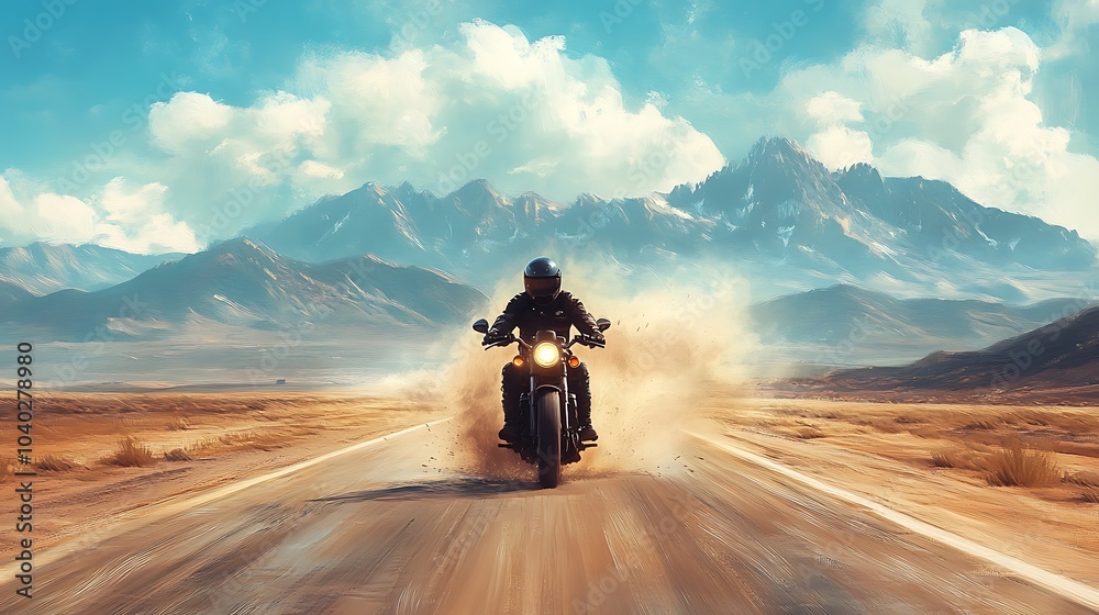 A man in a helmet riding a motorcycle on an open desert highway, surrounded by rugged hills and distant mountain peaks, the asphalt shimmering in the heat, A man in a helmet riding a motorcycle on an open desert highway, surrounded by rugged hills and distant mountain peaks, the asphalt shimmering in the heat,