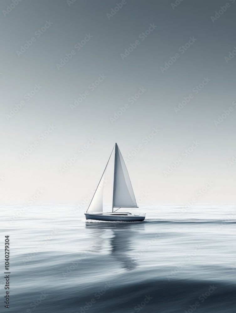 Fototapeta premium A sleek sailboat travels effortlessly across serene, minimalist waves, showcasing the beauty of a quiet afternoon at sea. Generative AI