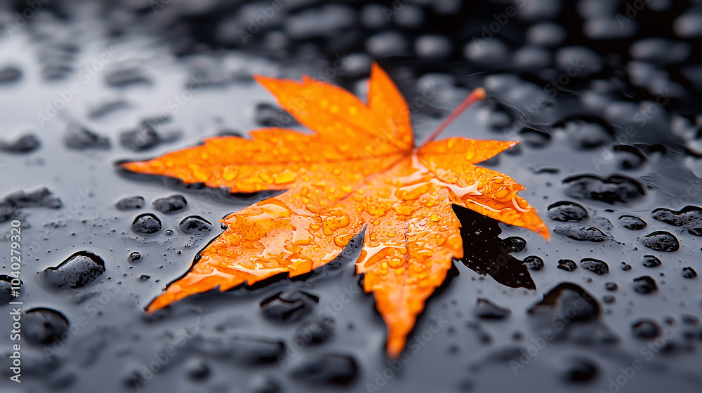 A bright orange maple leaf resting on a wet surface showcasing nature's beauty after rain. A bright orange maple leaf resting on a wet surface showcasing nature's beauty after rain.