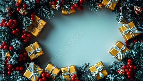 Christmas frame made of tiny gift boxes, pine branches and red berries. AI generated