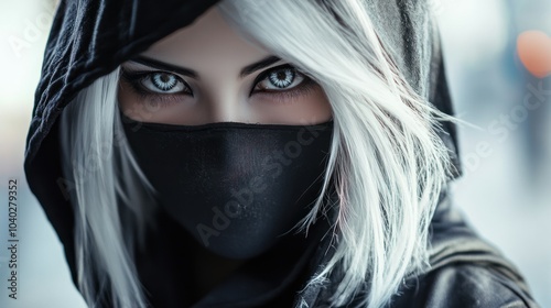 Asian girl character long white hair wearing a hood in a assassin mysterious style background wallpaper AI generated image