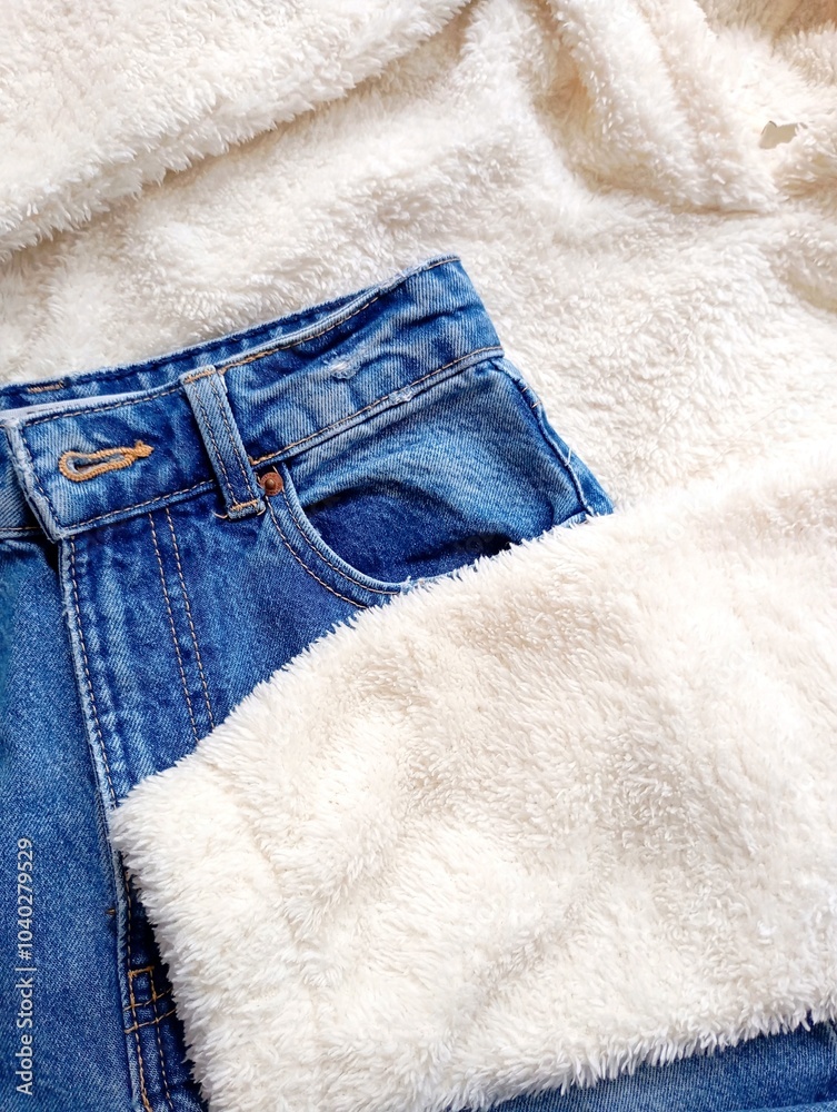 Blue jeans and a soft white sweater. Cozy casual wear. Blue jeans and a soft white sweater. Cozy casual wear.