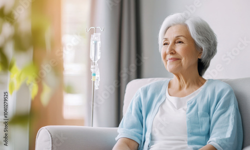 Senior woman with intravenous drip sitting on couch