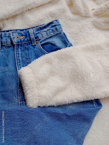 Blue jeans texture. Blue jeans and a soft white sweater. Cozy casual wear. photo