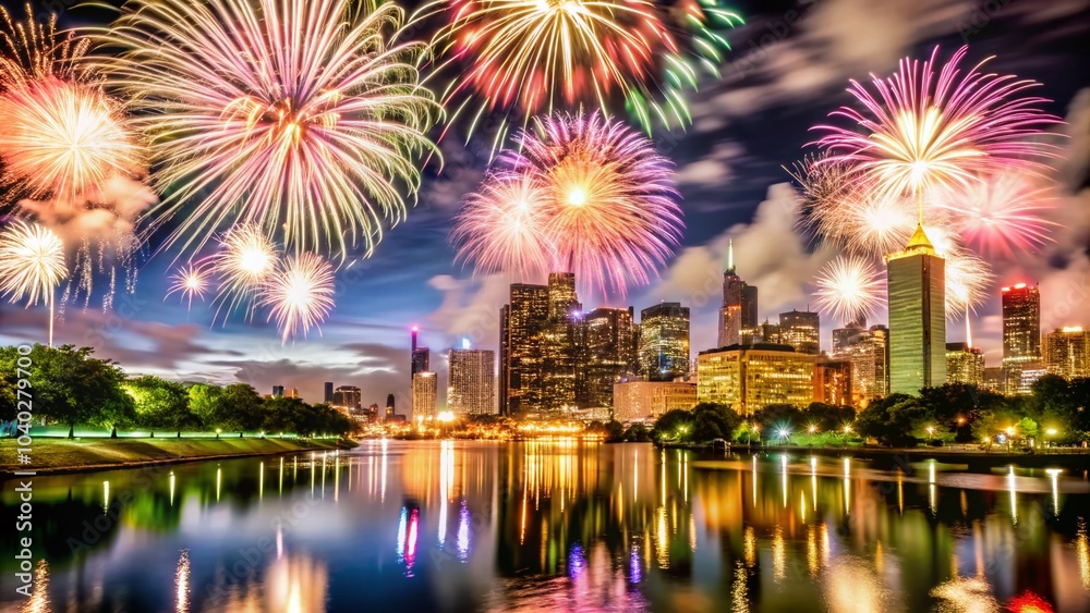 Stunning Firework Display Over City Skyline at Night - Celebrate with Beautiful Colors and Patterns Stunning Firework Display Over City Skyline at Night - Celebrate with Beautiful Colors and Patterns
