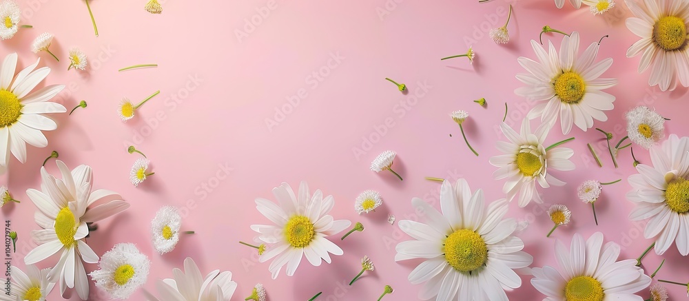Summer holiday theme with white daisies and chamomile on a pink pastel background seen from above with ample space for adding images or text Summer holiday theme with white daisies and chamomile on a pink pastel background seen from above with ample space for adding images or text