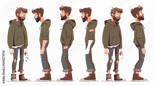 Set of sad character man with injuries. Fracture or dislocation of the leg, arm, neck damage, injury recovery, recovery