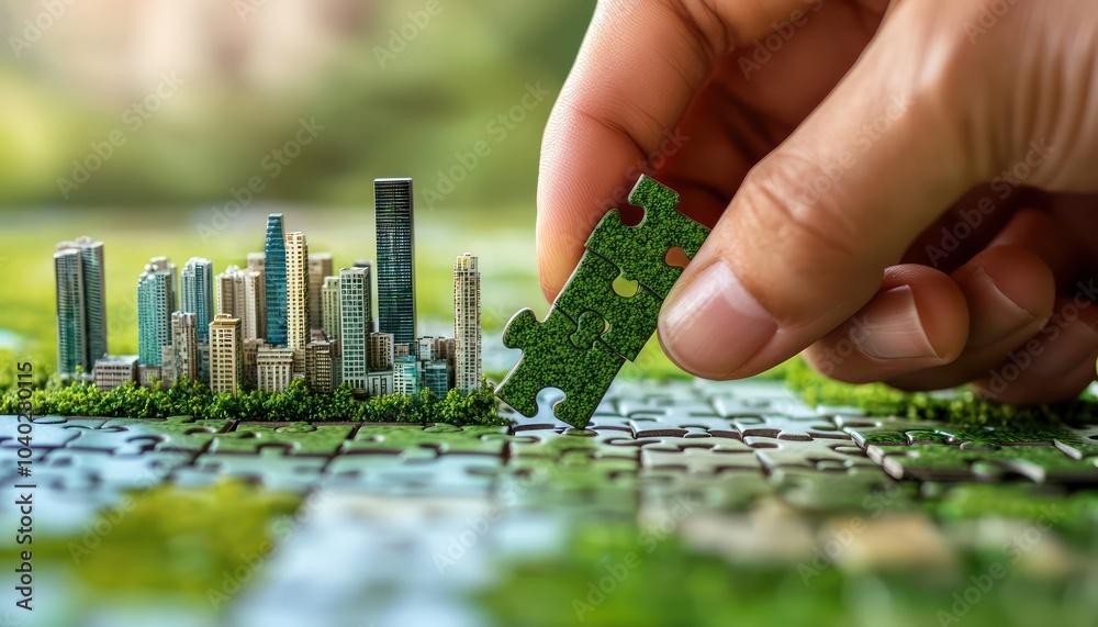A hand carefully connecting jigsaw puzzle pieces, featuring elements of a green cityscape, symbolizing the collaborative effort in building sustainable urban communities. A hand carefully connecting jigsaw puzzle pieces, featuring elements of a green cityscape, symbolizing the collaborative effort in building sustainable urban communities.