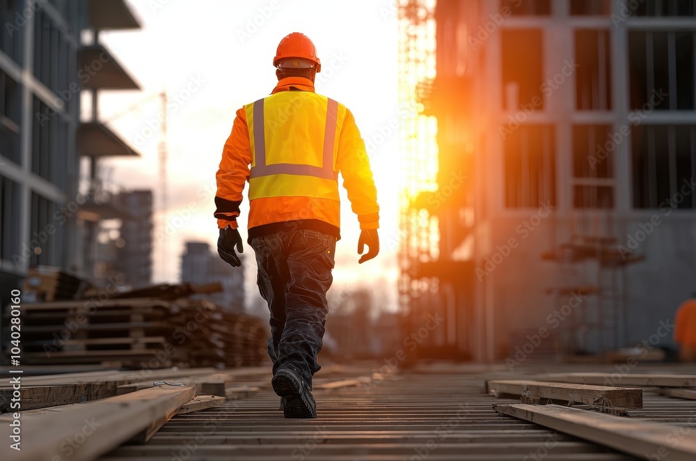 Construction worker walking towards sunset at building site, safety gear. Construction worker walking towards sunset at building site, safety gear.