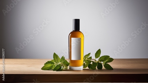 A brown glass bottle with a plain white label and white cap sits on a light surface, against a gradient gray background, conveying simplicity and elegance.