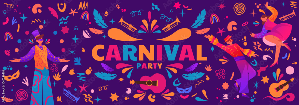 Obraz premium People on carnival. Music art poster, brazil street party with happy girl on urban fiesta, samba holiday. Horizontal banner design with happy men and women. Vector cartoon isolated illustration
