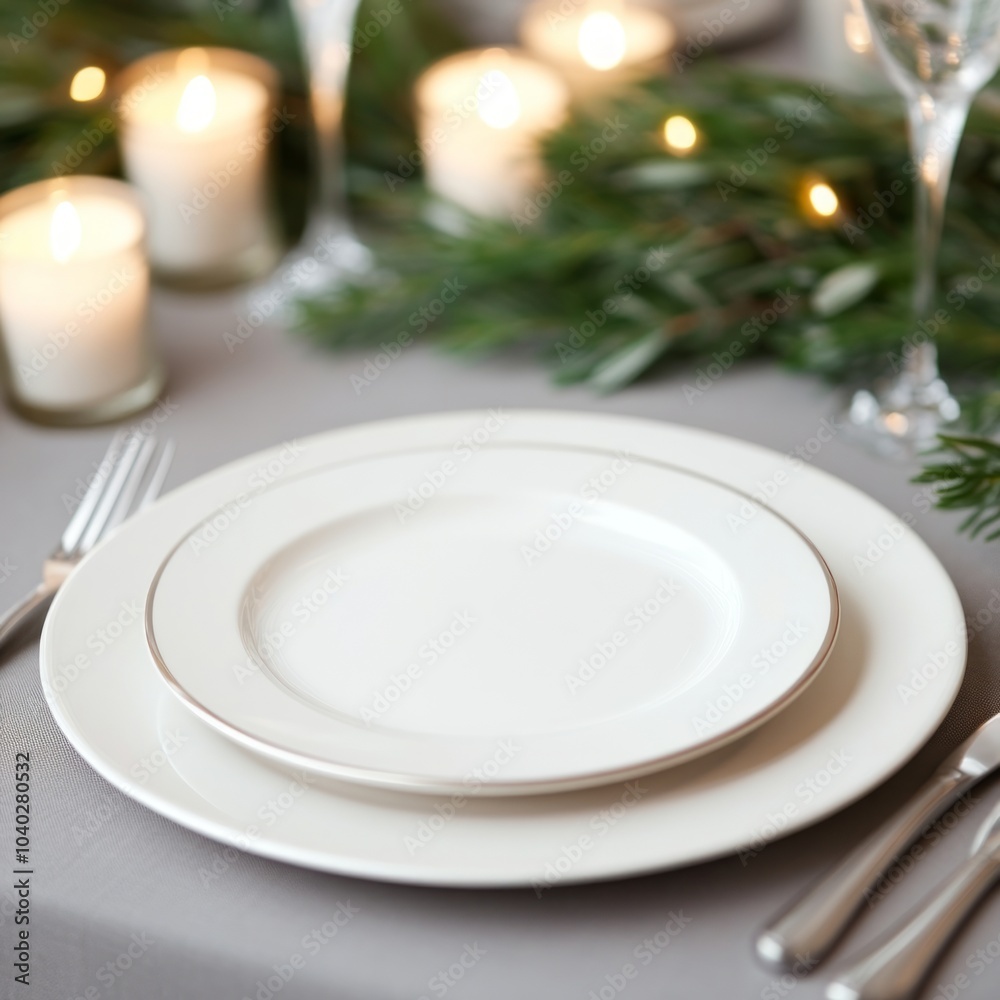 Elegant dining setup with plates, candles, and greenery for a festive occasion. Elegant dining setup with plates, candles, and greenery for a festive occasion.