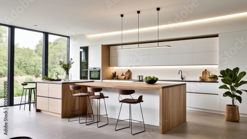 Sleek modern kitchen with white cabinets, wooden countertops, pendant lights, dining table, chairs, and green plants, creating a fresh and stylish atmosphere.