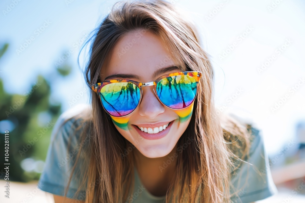 Young woman with colorful face paint and reflective sunglasses smiling in bright outdoor setting Young woman with colorful face paint and reflective sunglasses smiling in bright outdoor setting