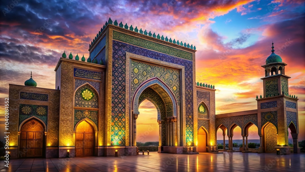 Fototapeta premium Stunning Islamic Gate Scene with Dynamic Lighting and Rule of Thirds Composition for Virtual Animation