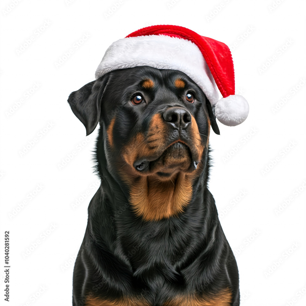 Fototapeta premium cute rottweiler dog wearing santa hat on white background