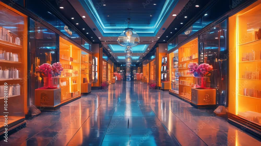 A vibrant shopping mall with luxury stores and brightly lit displays. Reflective marble flooring and elegant lighting create an upscale atmosphere A vibrant shopping mall with luxury stores and brightly lit displays. Reflective marble flooring and elegant lighting create an upscale atmosphere