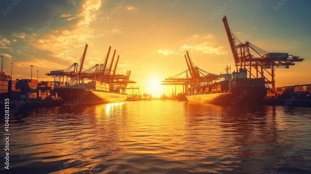 A contemporary port during the golden hour, cranes and cargo ships bathed in warm sunlight, representing the energy of global commerce A contemporary port during the golden hour, cranes and cargo ships bathed in warm sunlight, representing the energy of global commerce