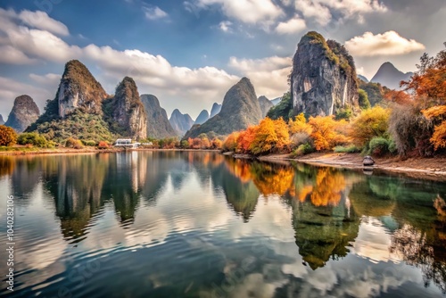 Stunning Landscape Photography of Puzhehei Scenic Resort, Yunnan's Hidden Gem, Showcasing Karst Mountains, Water photo