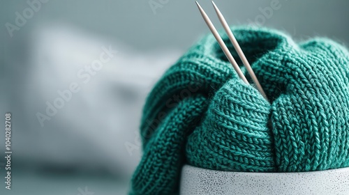 Closeup of knitted wool socks on knitting needles in progress, crafting, DIY fashion