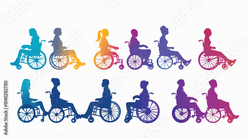  Silhouettes people in wheelchair on white background, injury recovery, recovery