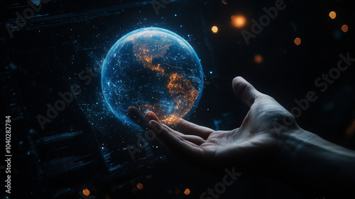 Primer plano de una mano sosteniendo un globo terráqueo sobre una pantalla contra un fondo oscuro.