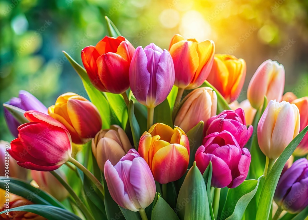 Fototapeta premium Stunning Macro Photography of a Colorful Bouquet of Tulips in Full Bloom for Floral Enthusiasts