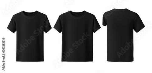 Black t-shirt mockup showcasing front, side, and back views, white isolate background.