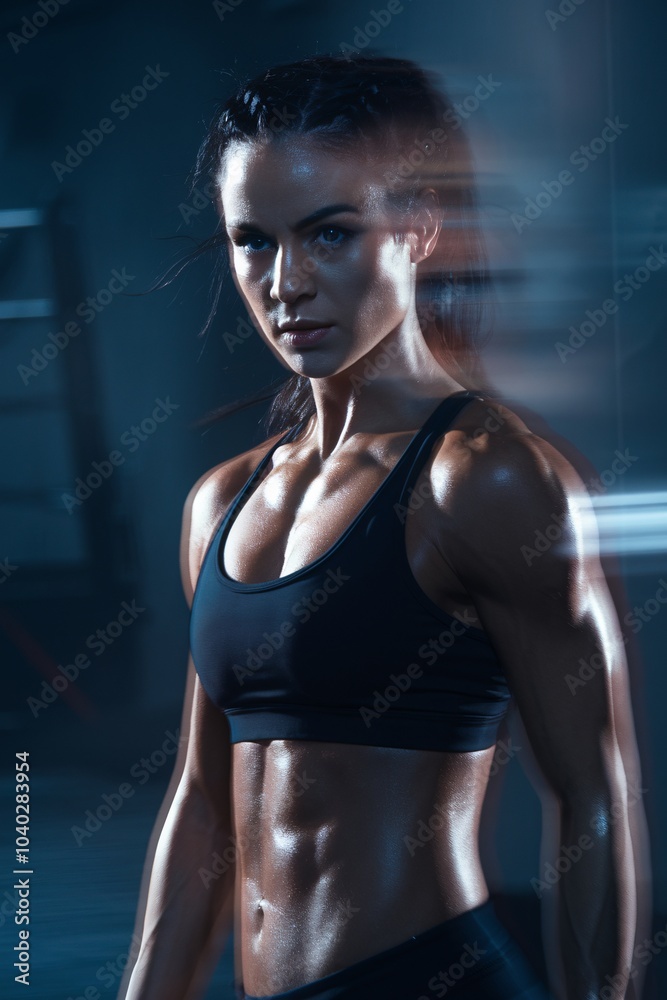 Obraz premium Unstoppable Strength: A powerful female athlete, glistening with sweat, embodies determination and resilience in a dramatic, moody portrait. 
