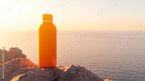 Adventure Awaits: Vibrant Orange Thermo Water Bottle at Sunrise Overlooking Ocean on Rocky Outcrop